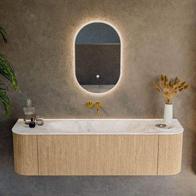 MONDIAZ KURVE-DLUX 160cm Meuble salle de bain avec module 25 G et D - couleur Oak - 1 tiroir - 2 portes - vasque BIG MEDIUM centre - sans trou de robinet - couleur Frappe