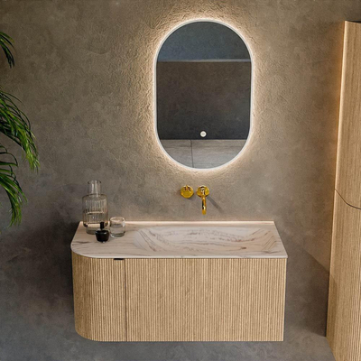 MONDIAZ KURVE-DLUX Meuble de salle de bains 95cm arrondi à gauche couleur Chêne avec 1 tiroir et 1 porte. Lavabo BIG SMALL à droite sans trou de robinet Nata.