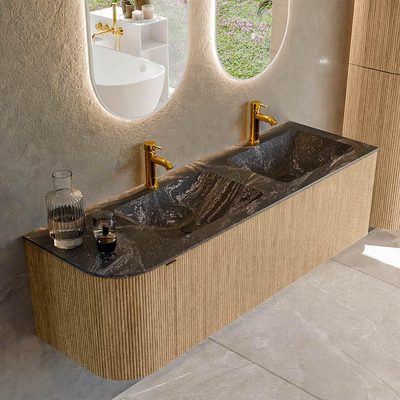 MONDIAZ KURVE-DLUX 145cm badmeubel met module 25 L kleur Oak met 1 lade en 1 deur. Wastafel LEAF dubbel / rechts 2 kraangaten kleur Lava.