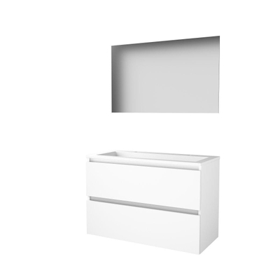 Basic-Line Ultimate 46 ensemble de meubles de salle de bain 100x46cm sans poignée 2 tiroirs lavabo acrylique 2 trous de robinetterie miroir éclairage mdf laqué blanc glacier