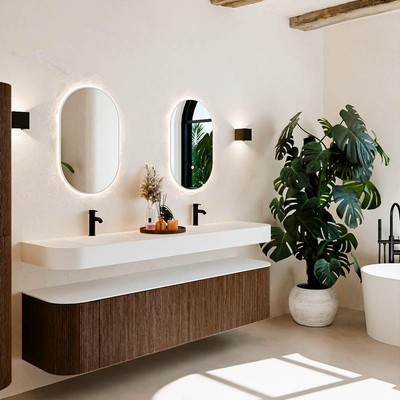 MONDIAZ THOR Meuble de salle de bains 190cm arrondi gauche + droite couleur Walnut avec 2 tiroirs et 2 portes. Vasque suspendue CLOUD Double 2 trous de robinet couleur Talc.