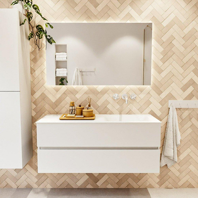 MONDIAZ VICA meuble sous lavabo 120cm Talc 2 tiroirs. Lavabo CLOUD droit sans trou de robinet, couleur Talc.
