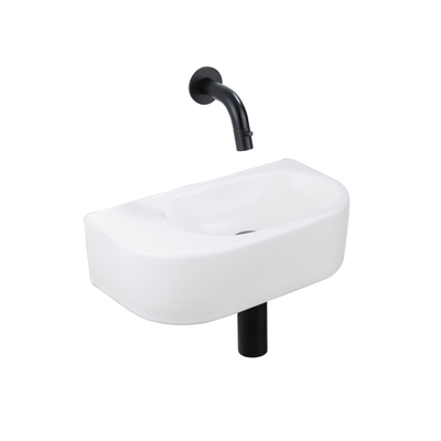 QeramiQ Fuente pack lave-mains – demi-rond – 40 x 21,5 x 12 cm – céramique blanc mat – sans perçage – robinet noir mat