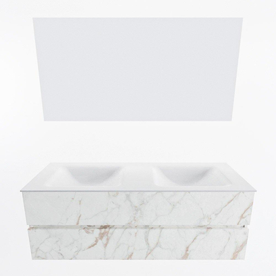 Mondiaz VICA ensemble de meuble de salle de bain - 140cm - meuble sous-vasque carrara - 2 tiroirs - lavabo cloud double - 2 trous de robinet - couleur talc - miroir LED - version XL 60cm de haut