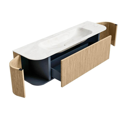 MONDIAZ KURVE-DLUX meuble de salle de bains 160cm avec module 25 Len R couleur Oak avec 1 tiroir et 2 portes. Lavabo BIG MEDIUM central 1 trou de robinet couleur Ostra.