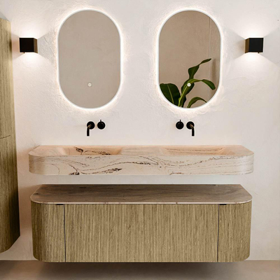 MONDIAZ THOR-DLUX 150cm meuble de salle de bains arrondi gauche + droite couleur Dusk avec 1 tiroir et 2 portes. Vasque suspendue CLOUD Double sans trou de robinet couleur Arena.