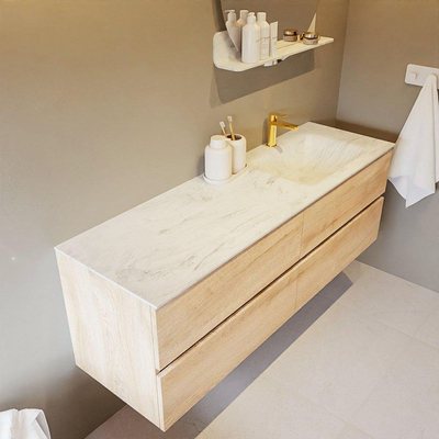 Mondiaz VICA-DLUX ensemble de meuble de salle de bain - 150cm - meuble sous-vasque chêne blanchi - 4 tiroirs - lavabo encastré cloud droite - 1 trou de robinet - version haute de 60cm - opalo