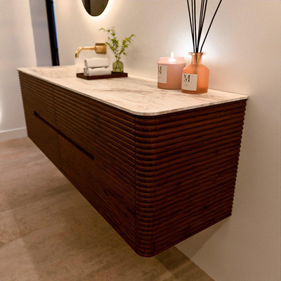 Mondiaz CIRO-DLUX Badkamermeubelset - 160x45x50cm - Solid surface wastafel Frappe - 1 wasbak Links - zonder kraangaten - 4 lades - Ruby