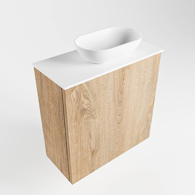 Mondiaz Fowy meuble de toilette - 50x50x23cm - chêne blanchi mat - 1 trou de robinet - lavabo à droite - 1 porte - solid surface - plan Mélamine - lavabo : blanc