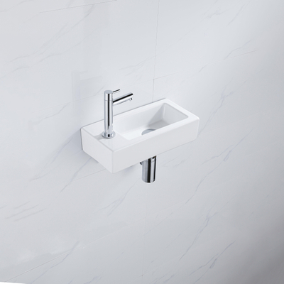 QeramiQ Fuente pack lave-mains – 37,5 x 18,5 x 9 cm – céramique blanc brillant – perçage à gauche – robinet chromé