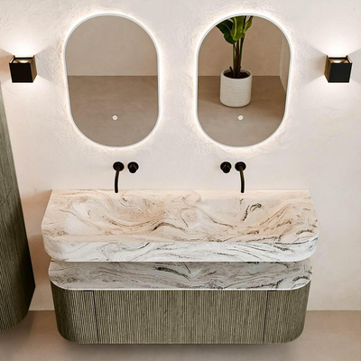 MONDIAZ THOR-DLUX 140cm meuble de salle de bains arrondi gauche + droite couleur Shadow avec 1 tiroir et 2 portes. Vasque suspendue CLOUD Double sans trou de robinet couleur Glace.