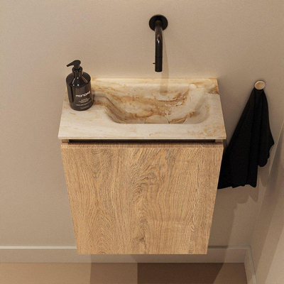 MONDIAZ TURE-DLUX Meuble de toilette 40 cm Washed Oak. Lavabo EDEN Frappe position à droite. Sans trou de robinet.