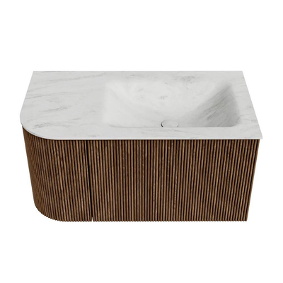 MONDIAZ KURVE-DLUX 85cm Meuble salle de bain avec module 25 G - couleur Walnut - 1 tiroir - 1 porte - vasque CLOUD droite - sans trou de robinet - couleur Opalo