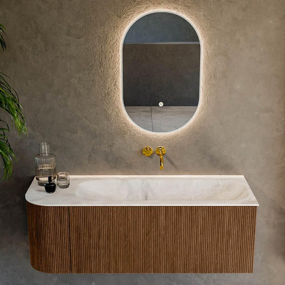 MONDIAZ KURVE-DLUX 125cm Meuble salle de bain avec module 25 G - couleur Walnut - 1 tiroir - 1 porte - vasque BIG MEDIUM droite - sans trou de robinet - couleur Frappe