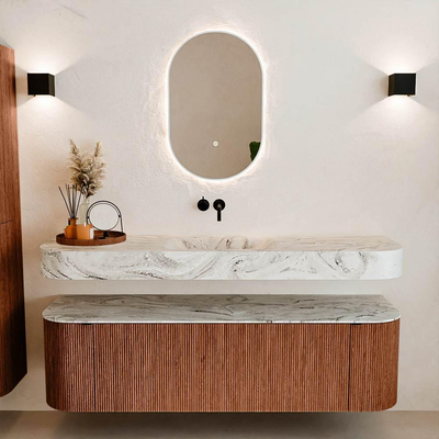 MONDIAZ THOR-DLUX 160cm meuble de salle de bains arrondi gauche + droite couleur Ruby avec 1 tiroir et 2 portes. Vasque suspendue CLOUD Milieu sans trou de robinet couleur Glace.