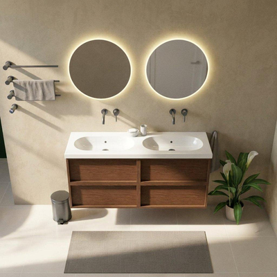 Saniclass Holz Frame Ensemble meuble de salle de bains - 140x45x63.5cm - lavabo Palermo en céramique blanc - 2 vasques - sans trous de robinetterie - 4 tiroirs - walnut pure mat (bois)