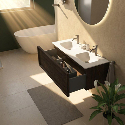 Saniclass Holz Frame Ensemble de meubles de salle de bains - 120x45x41.5cm - Flow lavabo en solid surface blanc - 2 vasques - 2 trous de robinetterie - 1 tiroir - chêne charcoal mat (bois)