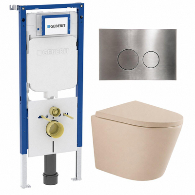 QeramiQ Dely Toiletset - 36.3x51.7cm - diepspoel - rimless - Geberit UP720 inbouwreservoir - softclose toilet zitting - 35mm - steel bedieningsplaat - ronde knoppen - mat beige