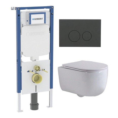 QeramiQ Dely Swirl Pack WC - 36.3x51.7cm - réservoir encastré Geberit UP720 Duofix Sigma - abattant mince - plaque de déclenchement mat anthracite - boutons ronds - blanc mat