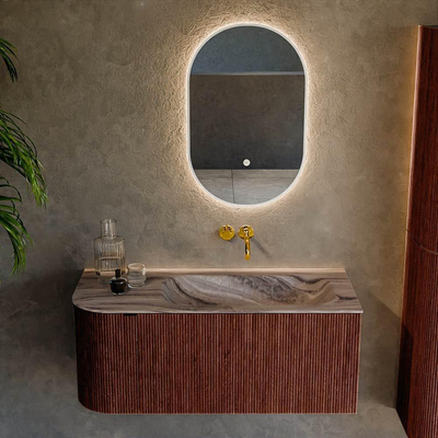 MONDIAZ KURVE-DLUX Meuble de salle de bains 105cm arrondi à gauche couleur Ruby avec 1 tiroir et 1 porte. Vasque BIG SMALL à droite sans trou de robinet Sombra.