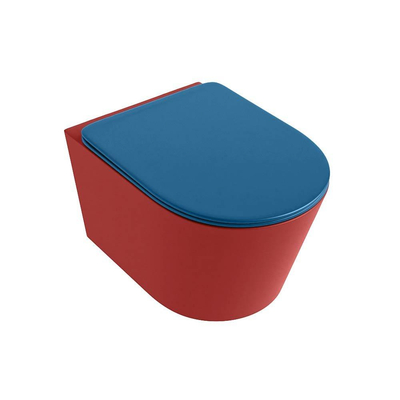 Mondiaz LAVIE hangtoilet – spoelrandloos – 36 x 53 cm – met softclose zitting – Fire (rood), zitting Jeans (blauw)