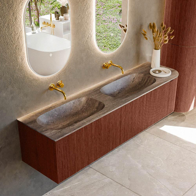 MONDIAZ KURVE-DLUX Meuble de salle de bains 175 cm avec arrondi droit couleur Ruby avec 2 tiroirs et 1 porte. Lavabo STOR SMALL Double / Gauche sans trou de robinet Oza.