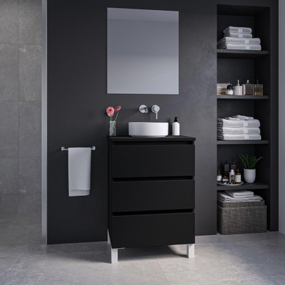 Adema Chaci PLUS Ensemble de meuble - 59.5x86x45.9cm - vasque à poser sur plan - robinets encastrables Inox - 3 tiroirs - Noir mat