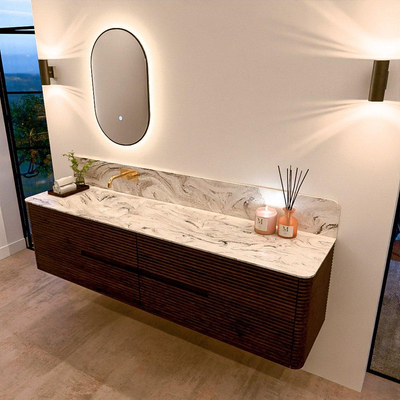 Mondiaz CIRO-DLUX Ensemble de meubles de salle de bains - 190x45x50cm - Vasque en solid surface Glace - 1 lavabo à gauche - sans trous de robinet - 4 tiroirs - Noyer