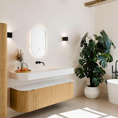 MONDIAZ THOR 150cm badmeubel ronding links + rechts kleur Oak met 1 lade en 2 deuren. Vrijhangende wastafel CLOUD Midden zonder kraangat kleur Talc.