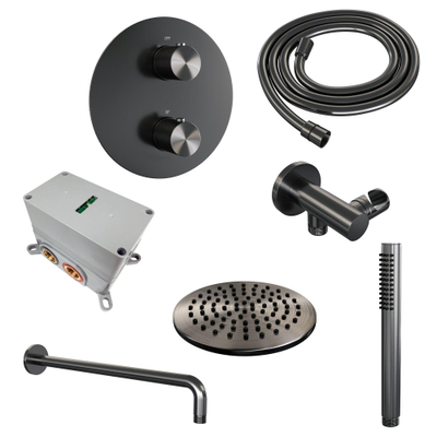 BRAUER Douche à l'italienne thermostatique Gunmetal Carving - 3 voies - rond - set 75 - douche principale de 20 cm - bras de mur courbé - douchette à main - flexible de douche - coude mural - gunmetal brossé PVD