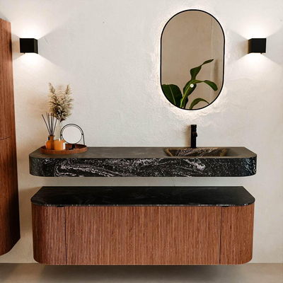 MONDIAZ THOR-DLUX 150cm meuble de salle de bains arrondi gauche + droite couleur Ruby avec 1 tiroir et 2 portes. Vasque suspendue CLOUD Droite 1 trou de robinet couleur Lava.