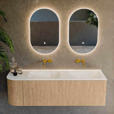 MONDIAZ KURVE-DLUX 145cm Meuble salle de bain avec module 25 G - couleur Oak - 1 tiroir - 1 porte - vasque LEAF double / droite - sans trou de robinet - couleur Opalo