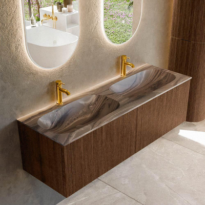 MONDIAZ KURVE-DLUX Meuble de salle de bains 140 cm couleur Walnut avec 2 tiroirs et 0 porte. Lavabo STOR SMALL Double 2 trous de robinet Sombra.