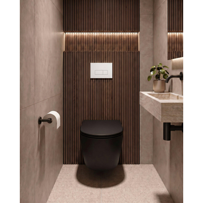 QeramiQ Dely Toiletset - 36.3x51.7cm - diepspoel - rimless - Geberit UP720 inbouwreservoir - softclose toiletzitting - glans witte bedieningsplaat - rechtehoekige knoppen - met Burda frame - mat zwart