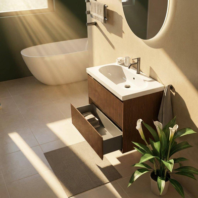 Saniclass Holz Atelier Ensemble meuble de salle de bains - 80x45x63,5cm - lavabo en céramique Palermo blanc - 1 vasque - 1 trou de robinetterie - 2 tiroirs - walnut pure mat (bois)