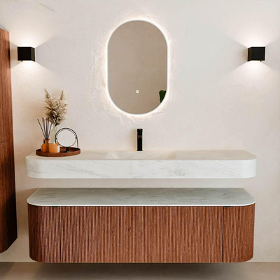 MONDIAZ THOR-DLUX 160cm meuble de salle de bains arrondi gauche + droite couleur Ruby avec 1 tiroir et 2 portes. Vasque suspendue CLOUD Milieu 1 trou de robinet couleur Opalo.