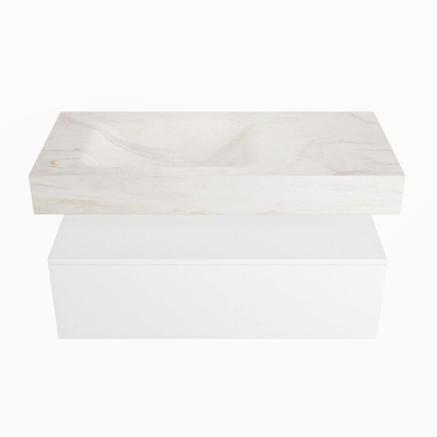 Mondiaz ALAN-DLUX Ensemble de meuble - 100cm - meuble Talc mat - 1 tiroir - Lavabo Cloud Ostra suspendu - vasque Gauche - 1 trou de robinet