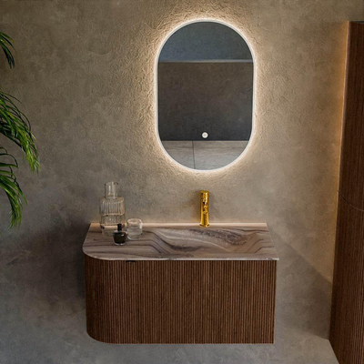 MONDIAZ KURVE-DLUX 85cm badmeubel ronding Links kleur Walnut met 1 lade en 1 deur. Wastafel CLOUD Rechts 1 kraangat Sombra.