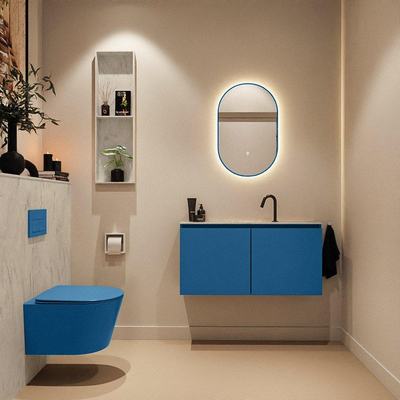 MONDIAZ TURE-DLUX meuble de toilettes 100cm Jeans. EDEN lavabo Opalo position milieu. Avec 1 trou de robinet.