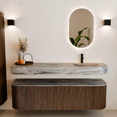 MONDIAZ THOR-DLUX 160cm badmeubel ronding links + rechts kleur Walnut met 1 lade en 2 deuren. Vrijhangende wastafel CLOUD Rechts 1 kraangat kleur Sombra.