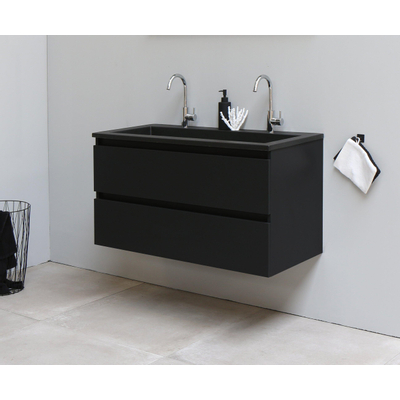 Adema Bella Meuble salle de bains avec lavabo acrylique Noir 100x55x46cm 2 trous de robinet Noir mat