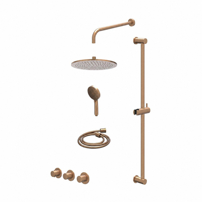 IVY Bond Ensemble de douche pluie - encastré - symmetry - 2 robinets d'arrêt - bras mural 40 cm - douche de tête medium 30 cm - barre de douche avec sortie - flexible de douche 150 cm - douchette 3 jets - Cuivre brossé mat PVD