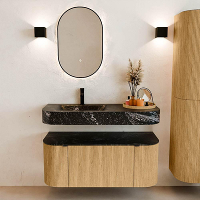 MONDIAZ THOR-DLUX 110cm meuble de salle de bains arrondi gauche + droite couleur Chêne avec 1 tiroir et 2 portes. Vasque suspendue CLOUD Gauche 1 trou de robinet couleur Lava.