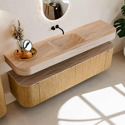MONDIAZ THOR-DLUX 180cm badmeubel ronding links + rechts kleur Oak met 2 lades en 2 deuren. Vrijhangende wastafel CLOUD Midden zonder kraangat kleur Saba.