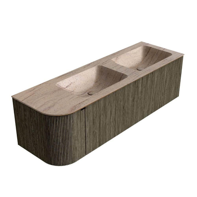 MONDIAZ KURVE-DLUX meuble de salle de bains 145 cm arrondi à gauche couleur Shadow avec 1 tiroir et 1 porte. Plan-vasque LEAF double / à droite 2 trous de robinet Saba.