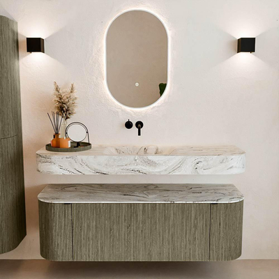 MONDIAZ THOR-DLUX Meuble de salle de bains 140cm arrondi gauche + droite couleur Shadow avec 1 tiroir et 2 portes. Vasque suspendue CLOUD Milieu sans trou de robinet couleur Glace.