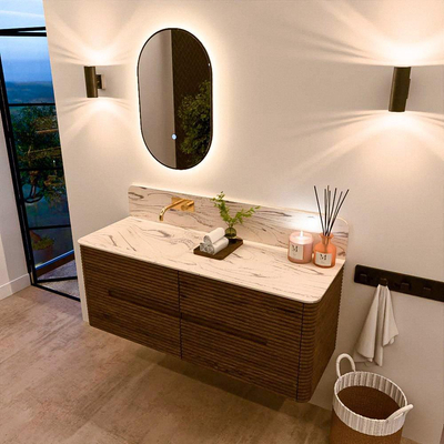 Mondiaz CIRO-DLUX Badkamermeubelset - 130x45x50cm - Solid surface wastafel Nata - 1 wasbak Links - zonder kraangaten - 4 lades - Dusk