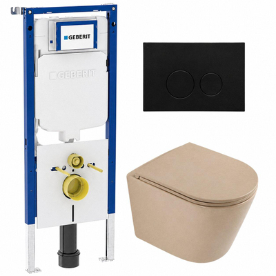 QeramiQ Dely Toiletset - 36.3x51.7cm - Geberit UP720 inbouwreservoir - rimless - diepspoel - zitting - softclose - kunststoffen bedieningsplaat mat zwart - ronde knoppen - mat beige