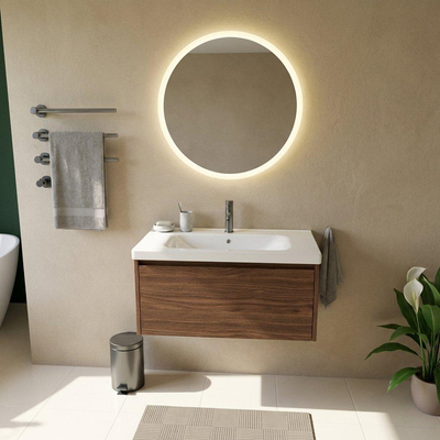 Saniclass Holz Frame Ensemble meuble de salle de bains - 80x45x43.5cm - lavabo en céramique Palermo blanc - 1 vasque - 1 trou de robinet - 1 tiroir - noyer pur mat (bois)