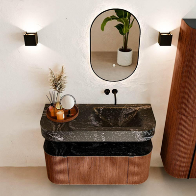 MONDIAZ THOR-DLUX 110cm meuble de salle de bains arrondi gauche + droite couleur Ruby avec 1 tiroir et 2 portes. Vasque suspendue CLOUD droite sans trou de robinet couleur Lava.